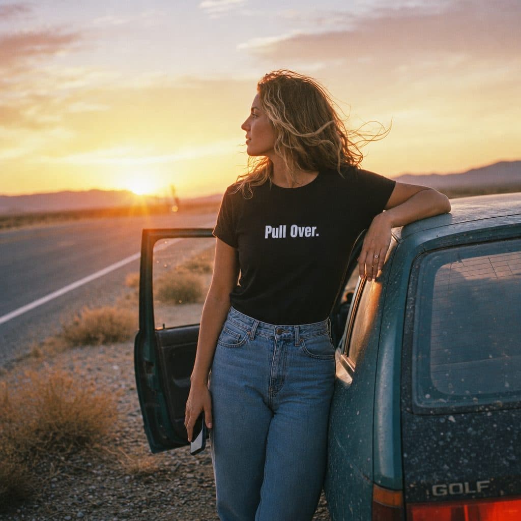 Golden-hour road trip, pulled over at sunset in a Dream tee