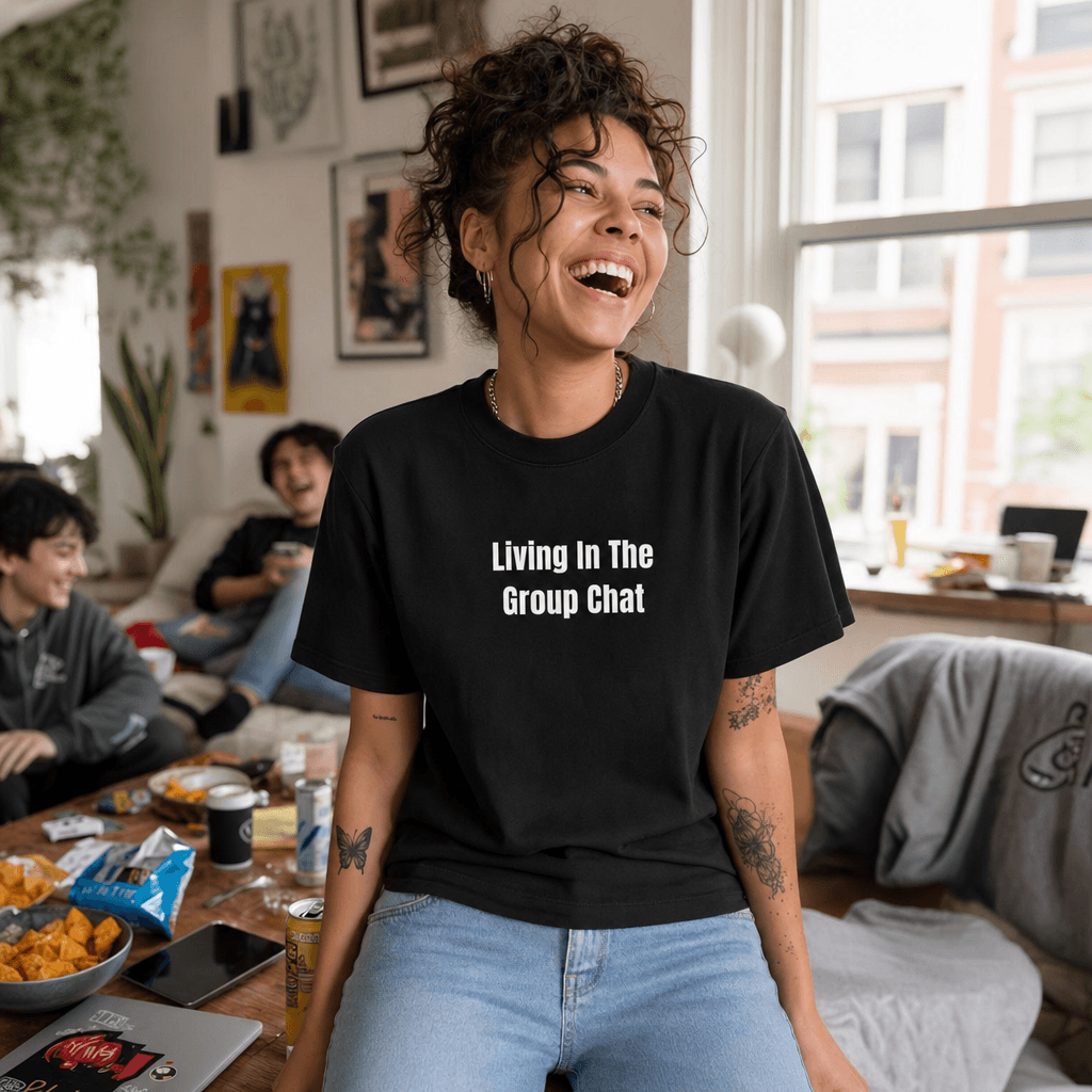 Living In The Group Chat graphic tee from the Chaos Gremlins collection