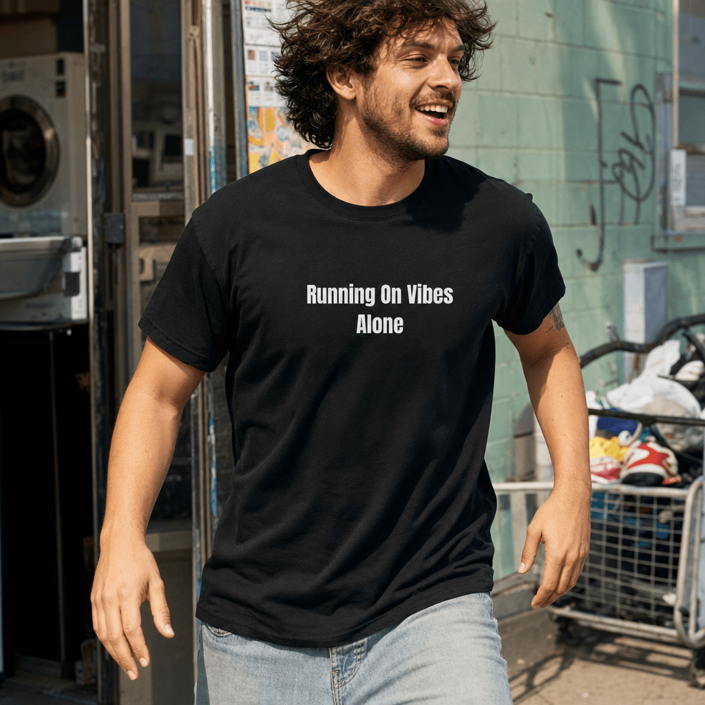 Running On Vibes Alone graphic tee from the Chaos Gremlins collection