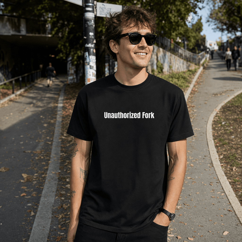 Unauthorized Fork graphic tee from the Chaotic Neutral Energy collection