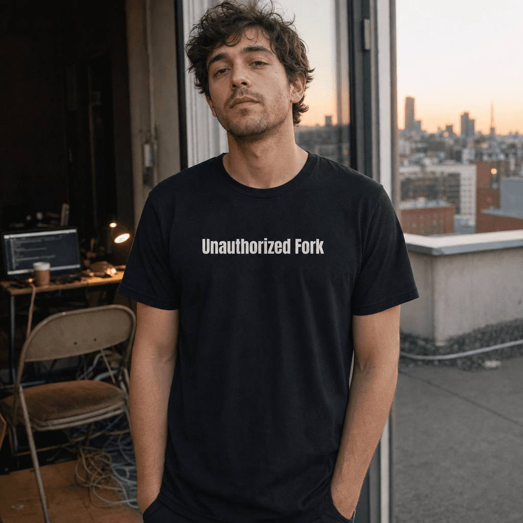 Unauthorized Fork graphic tee from the Chaotic Neutral Energy collection