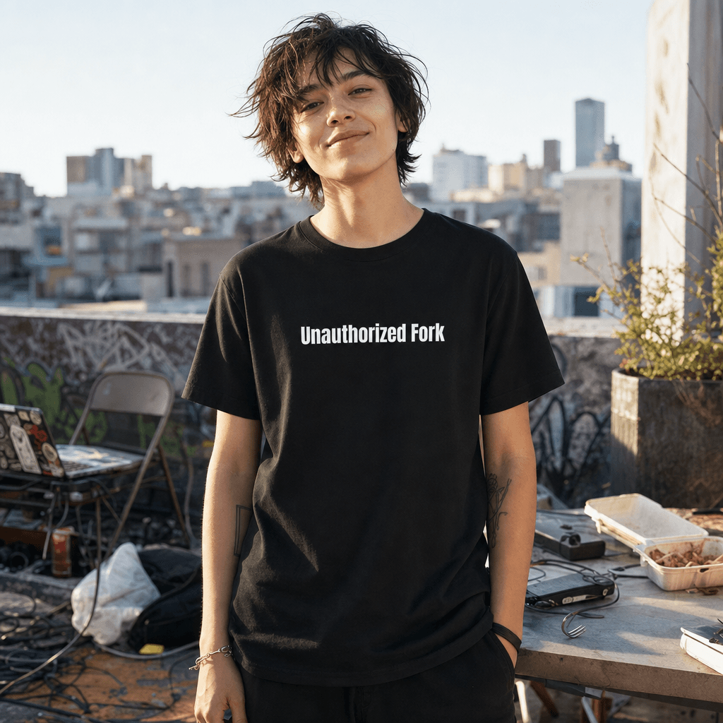 Unauthorized Fork graphic tee from the Chaotic Neutral Energy collection