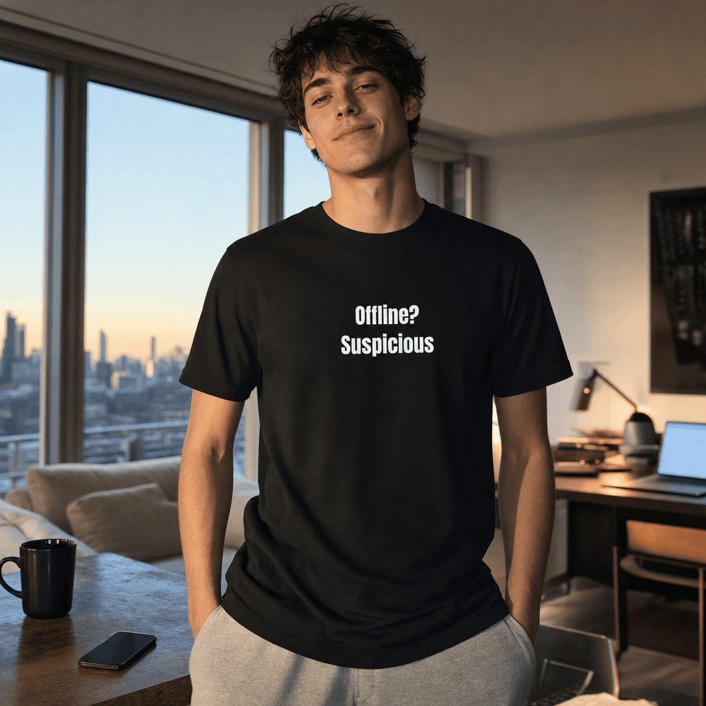Offline? Suspicious graphic tee from the Chronically Online collection
