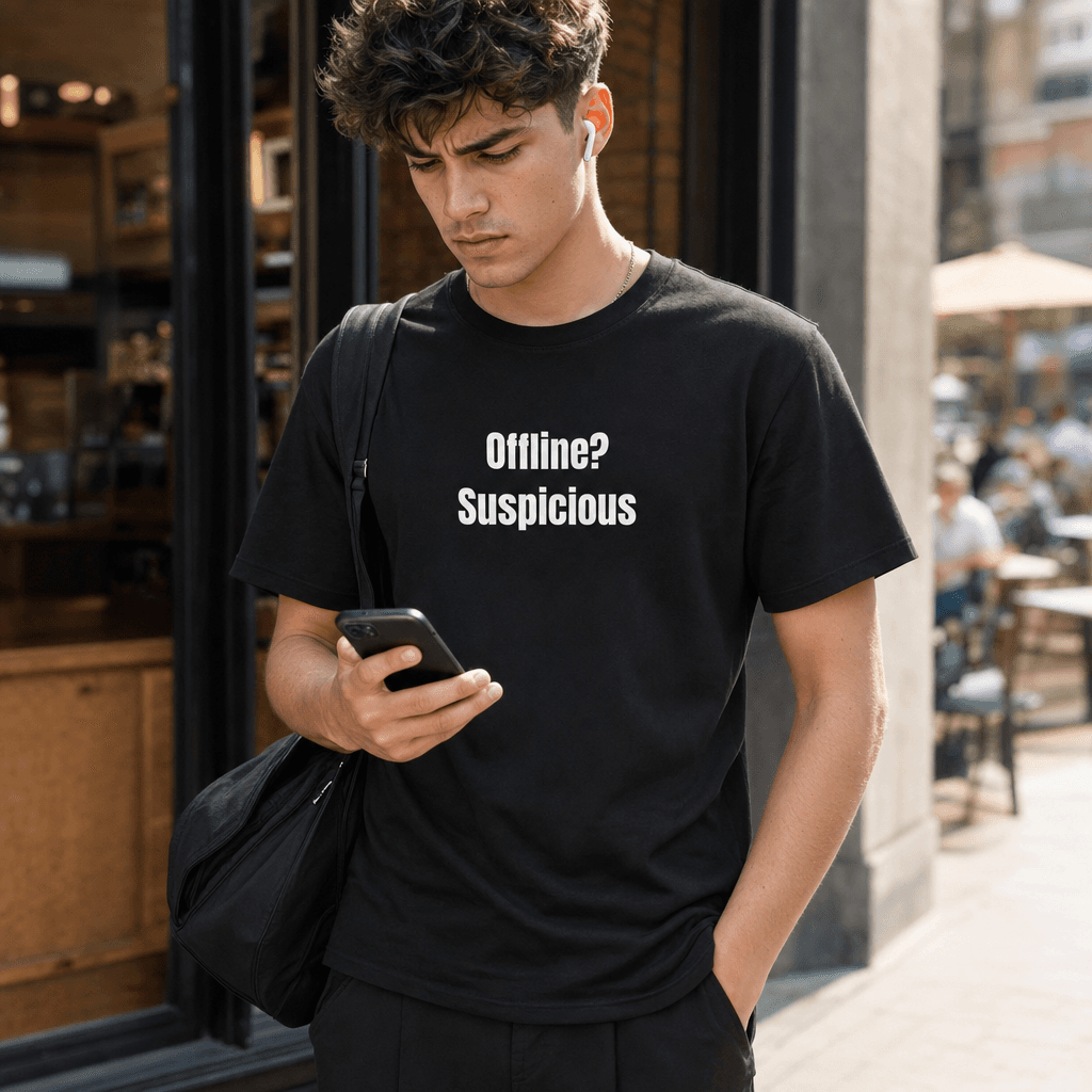 Offline? Suspicious graphic tee from the Chronically Online collection
