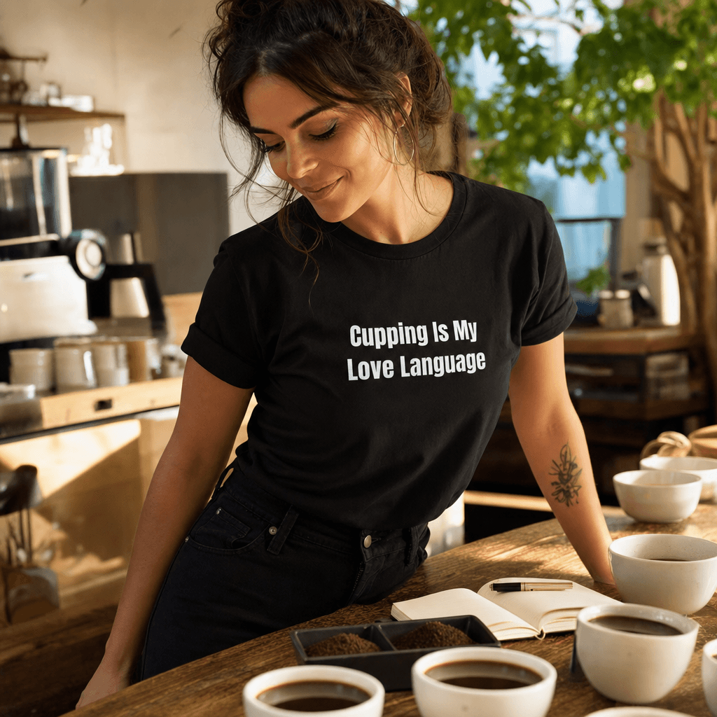 Cupping Is My Love Language graphic tee from the Coffee Snob collection
