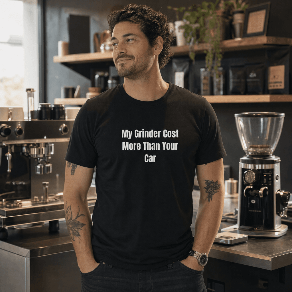 My Grinder Cost More Than Your Car graphic tee from the Coffee Snob collection