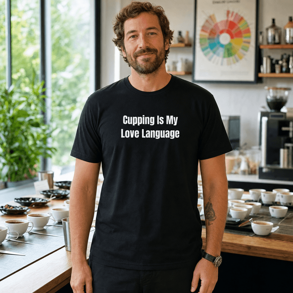 Cupping Is My Love Language graphic tee from the Coffee Snob collection