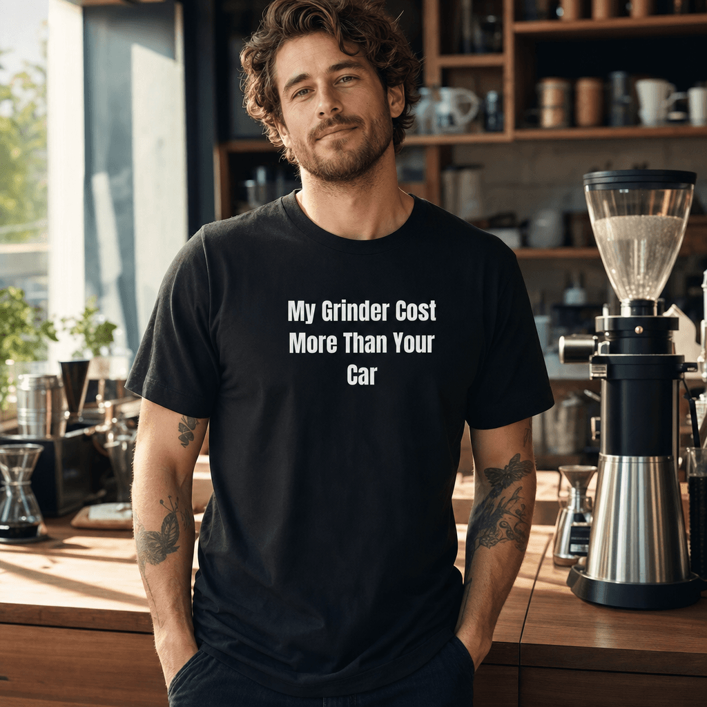 My Grinder Cost More Than Your Car graphic tee from the Coffee Snob collection