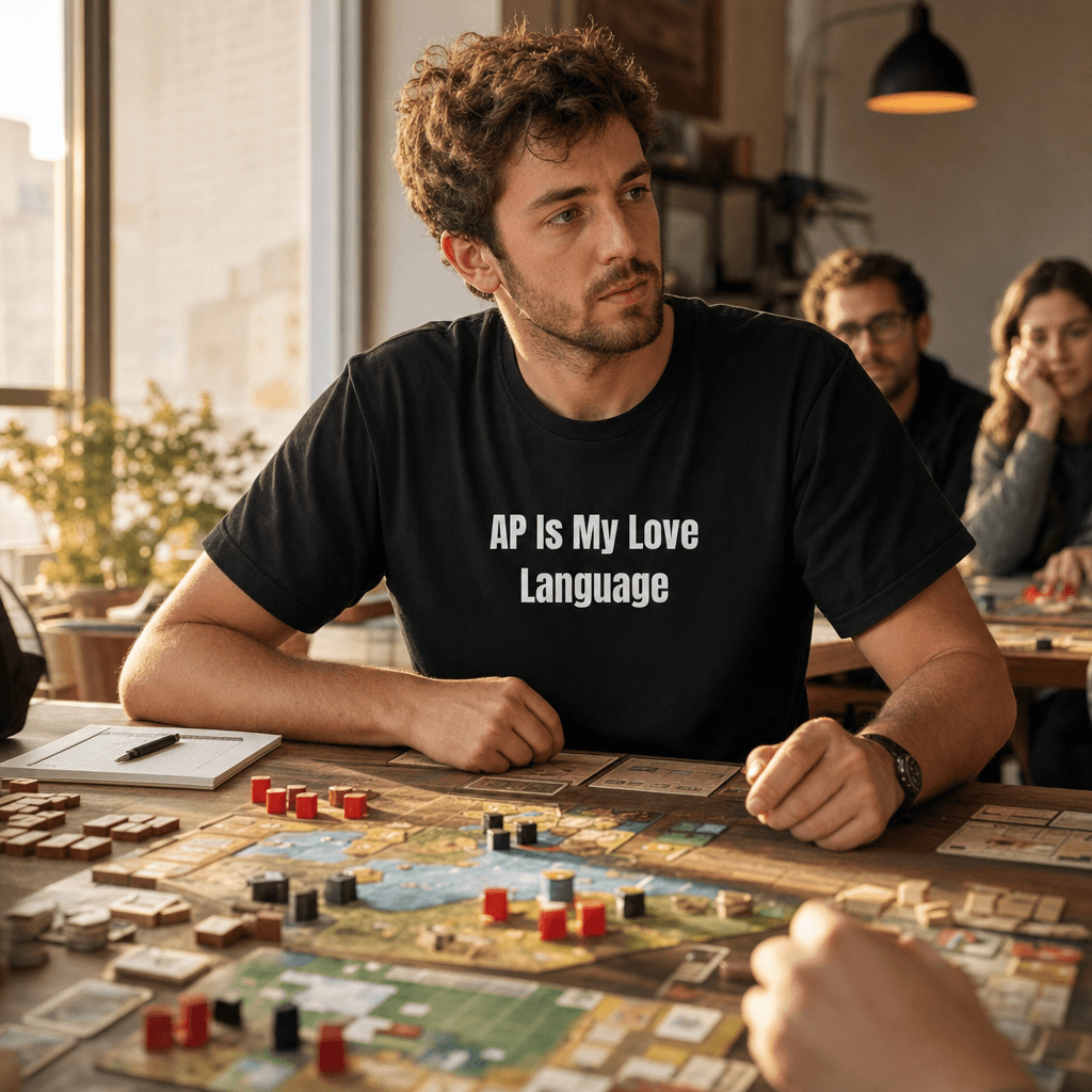 AP Is My Love Language graphic tee from the Competitive Board Gamer collection