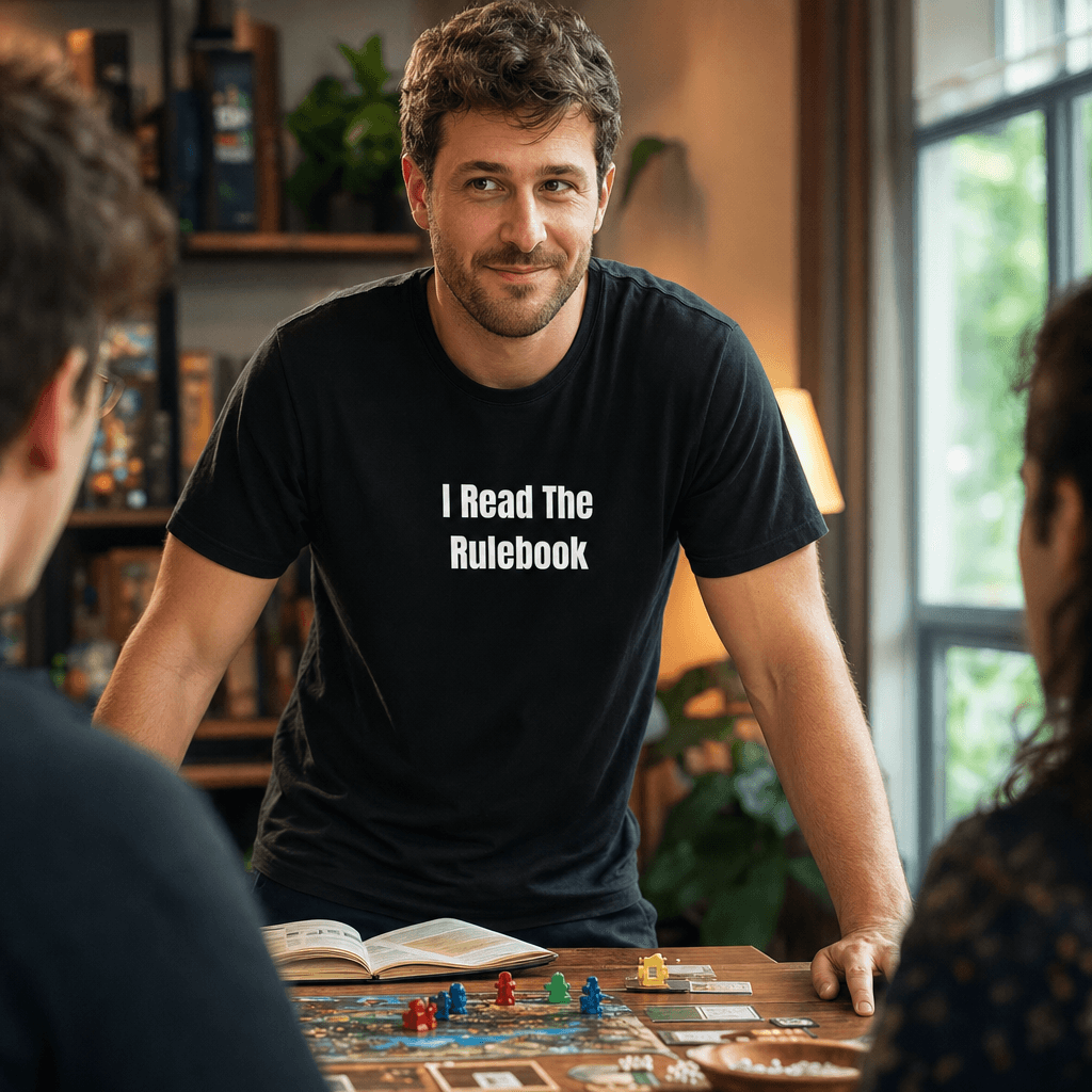 I Read The Rulebook graphic tee from the Competitive Board Gamer collection
