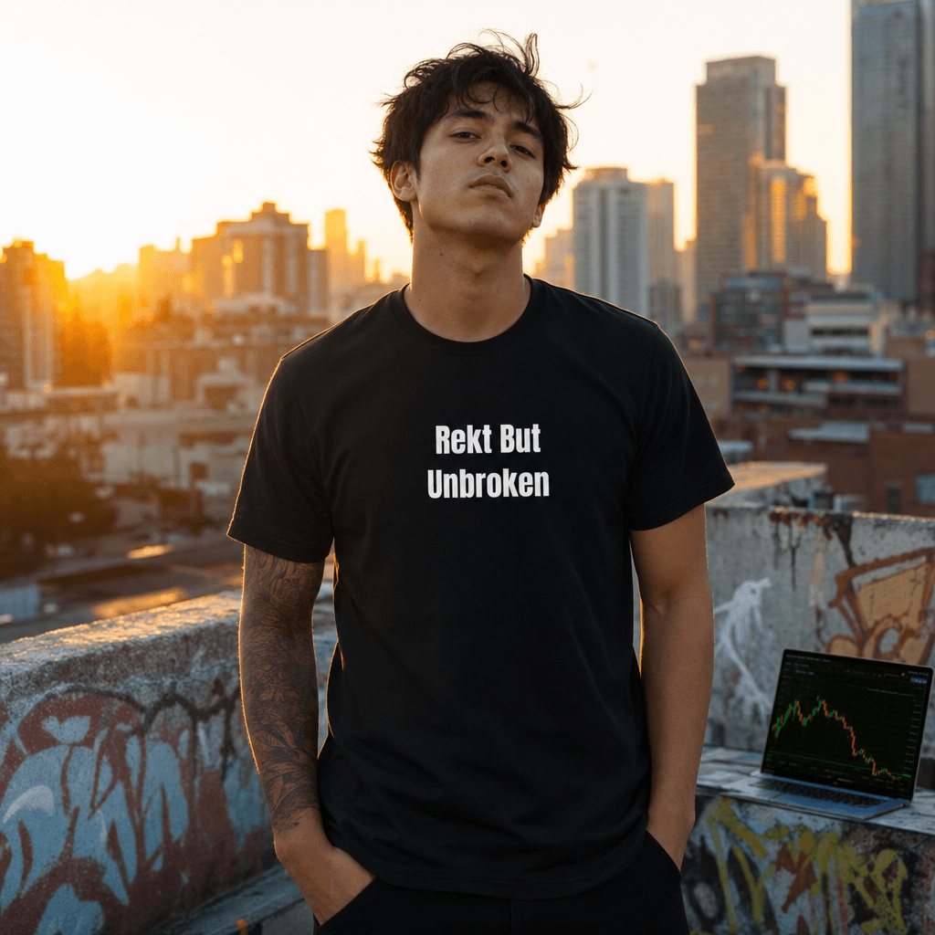 Rekt But Unbroken graphic tee from the Crypto Degens collection