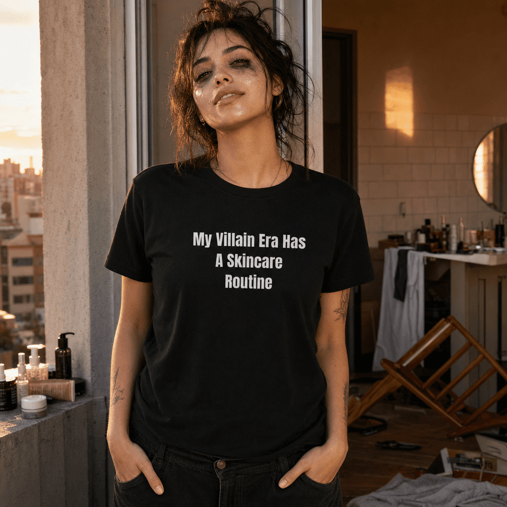 My Villain Era Has A Skincare Routine graphic tee from the Feral Self-Care collection
