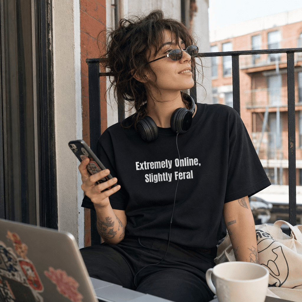 Extremely Online, Slightly Feral graphic tee from the Feral Self-Care collection