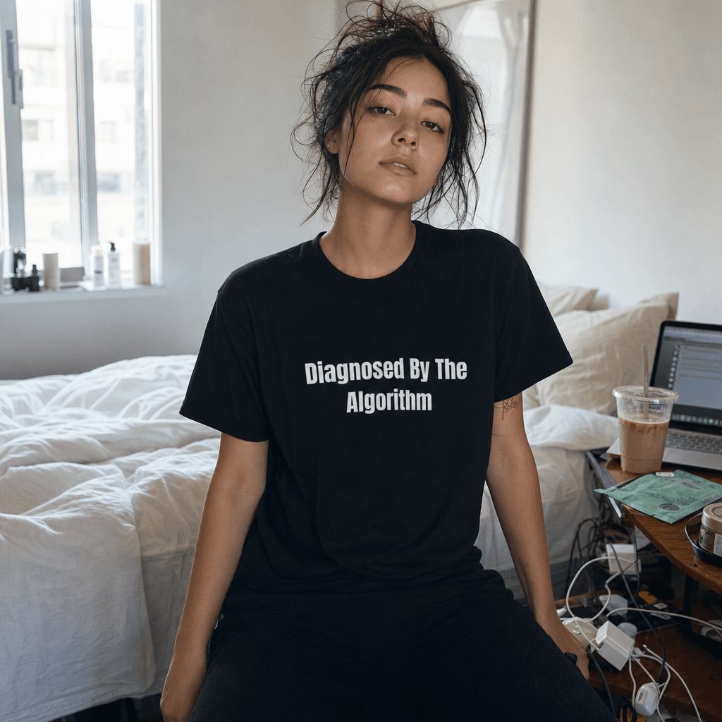 Diagnosed By The Algorithm graphic tee from the Feral Self-Care collection