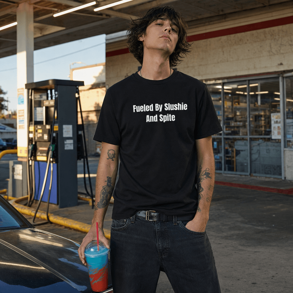 Fueled By Slushie And Spite graphic tee from the Gas Station Aesthetic collection