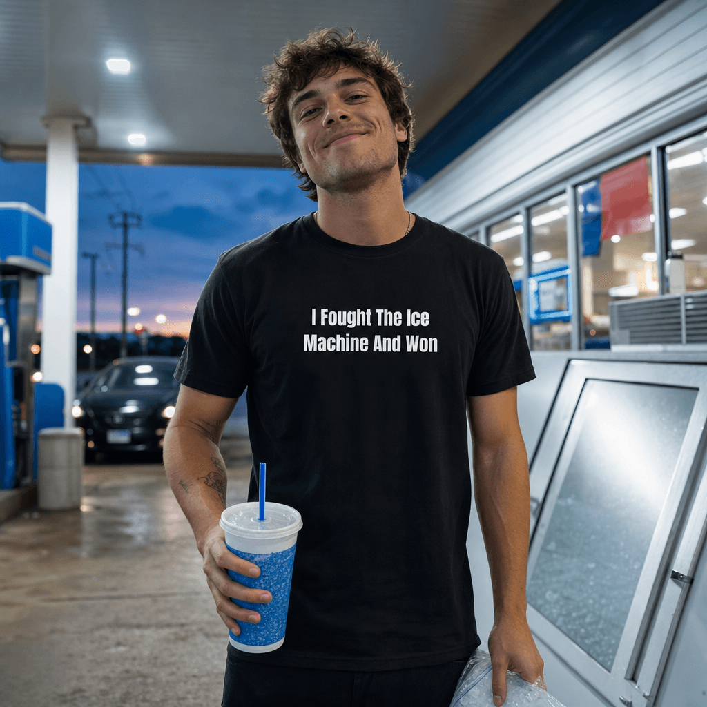 I Fought The Ice Machine And Won graphic tee from the Gas Station Aesthetic collection