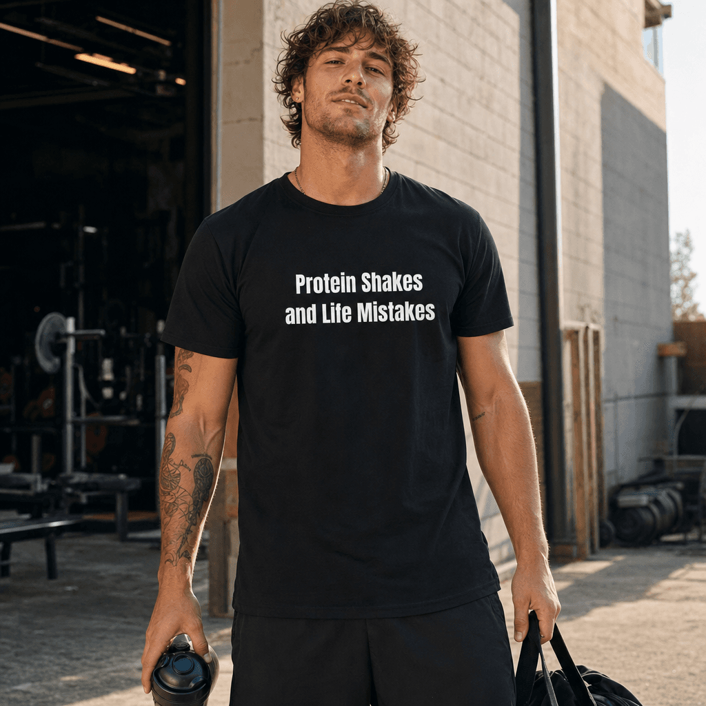 Protein Shakes and Life Mistakes graphic tee from the Gym Rat collection