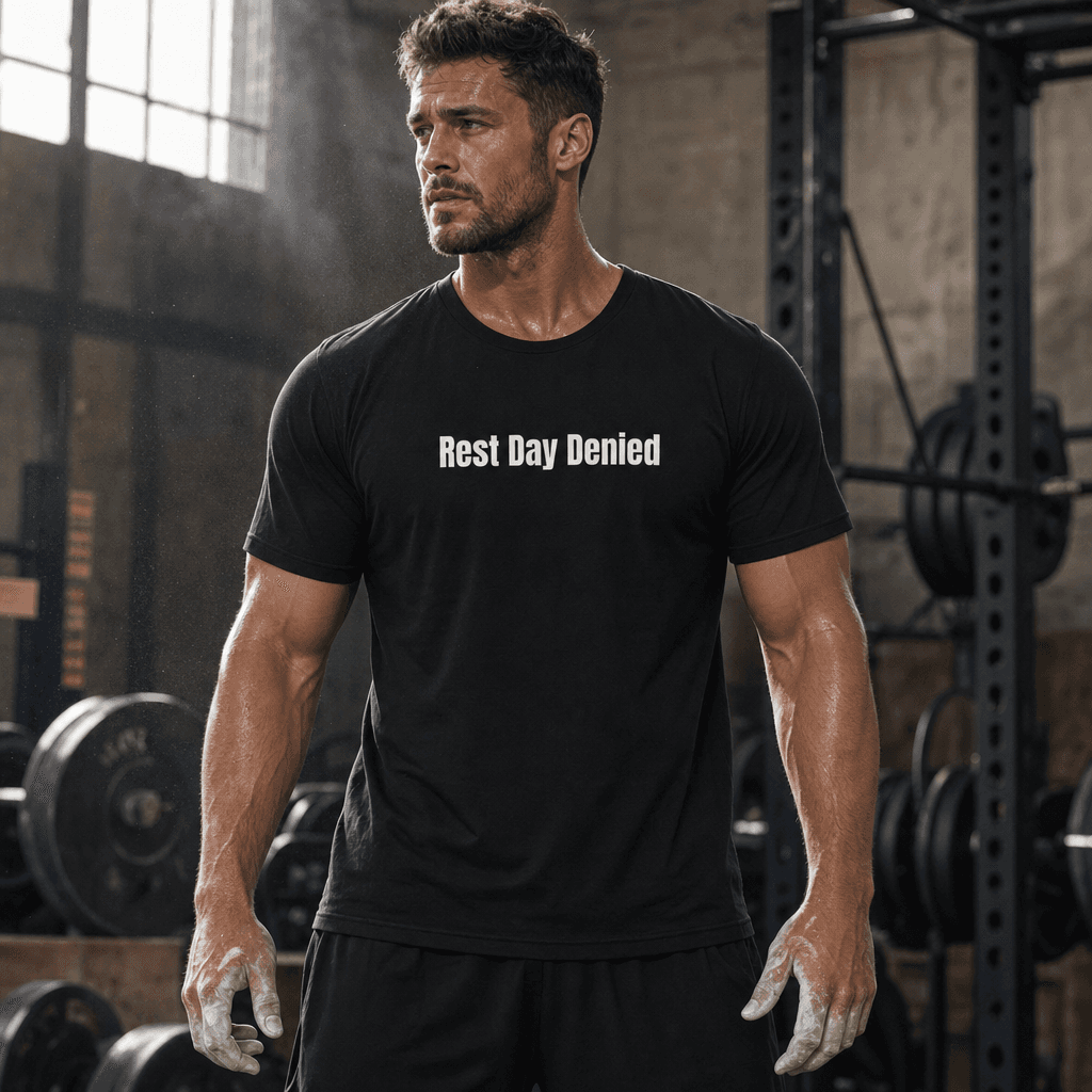 Rest Day Denied graphic tee from the Gym Rat collection