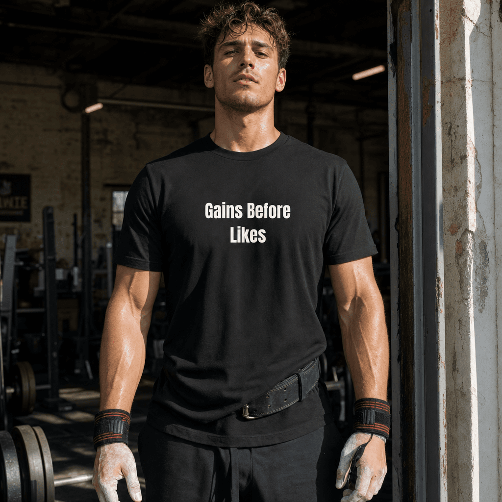 Gains Before Likes graphic tee from the Gymfluencer collection