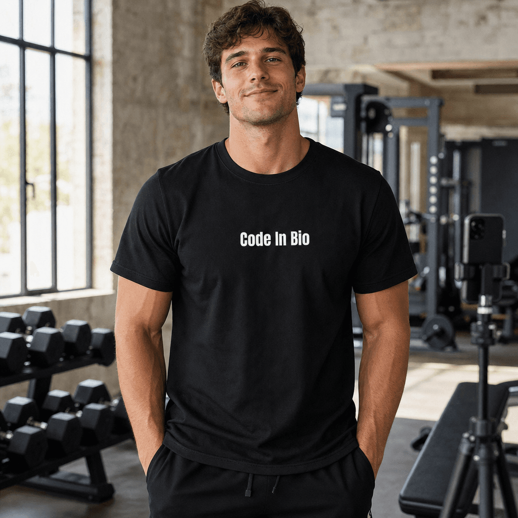 Code In Bio graphic tee from the Gymfluencer collection