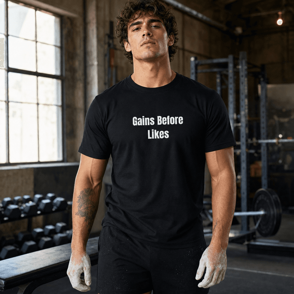 Gains Before Likes graphic tee from the Gymfluencer collection