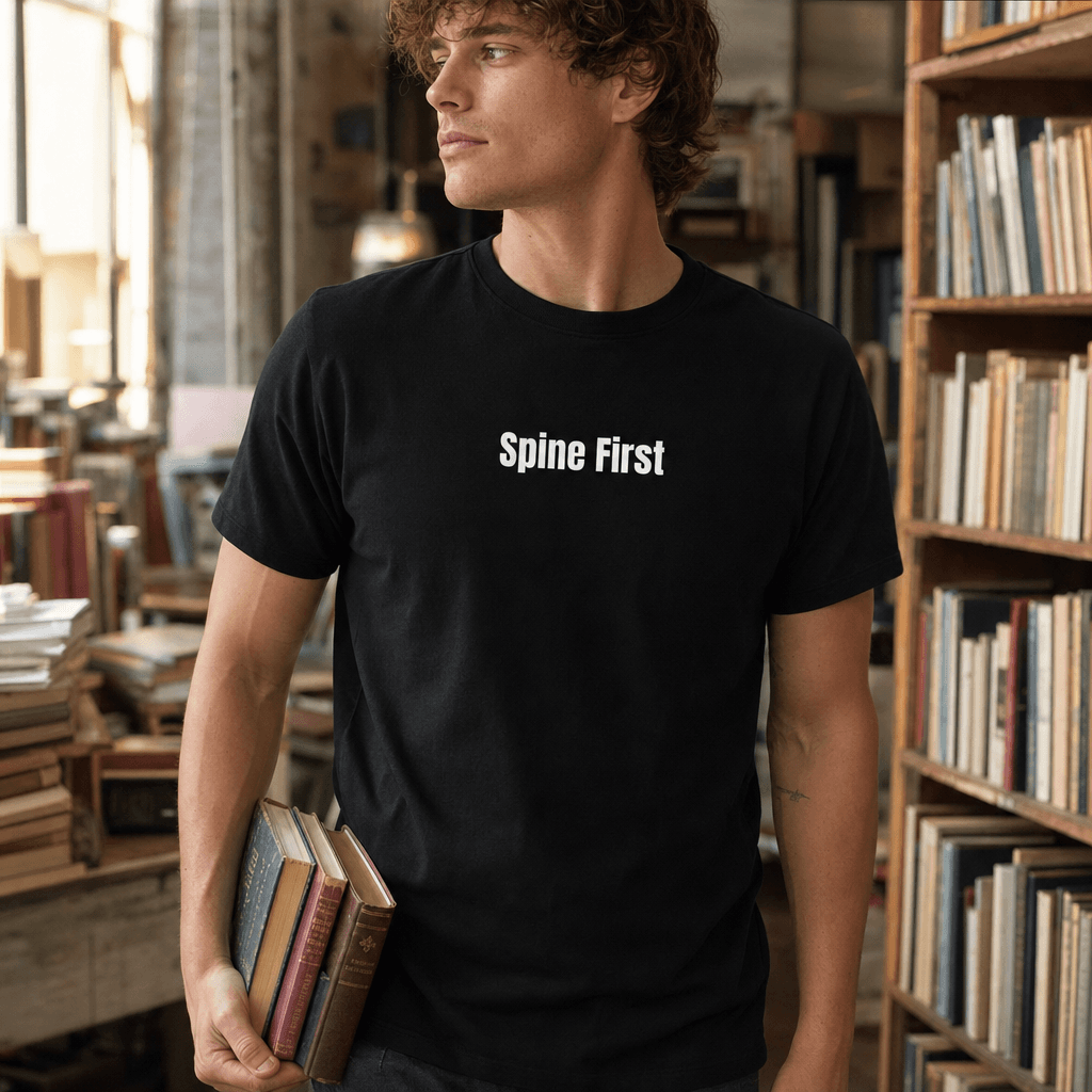 Spine First graphic tee from the Indie Bookworm collection