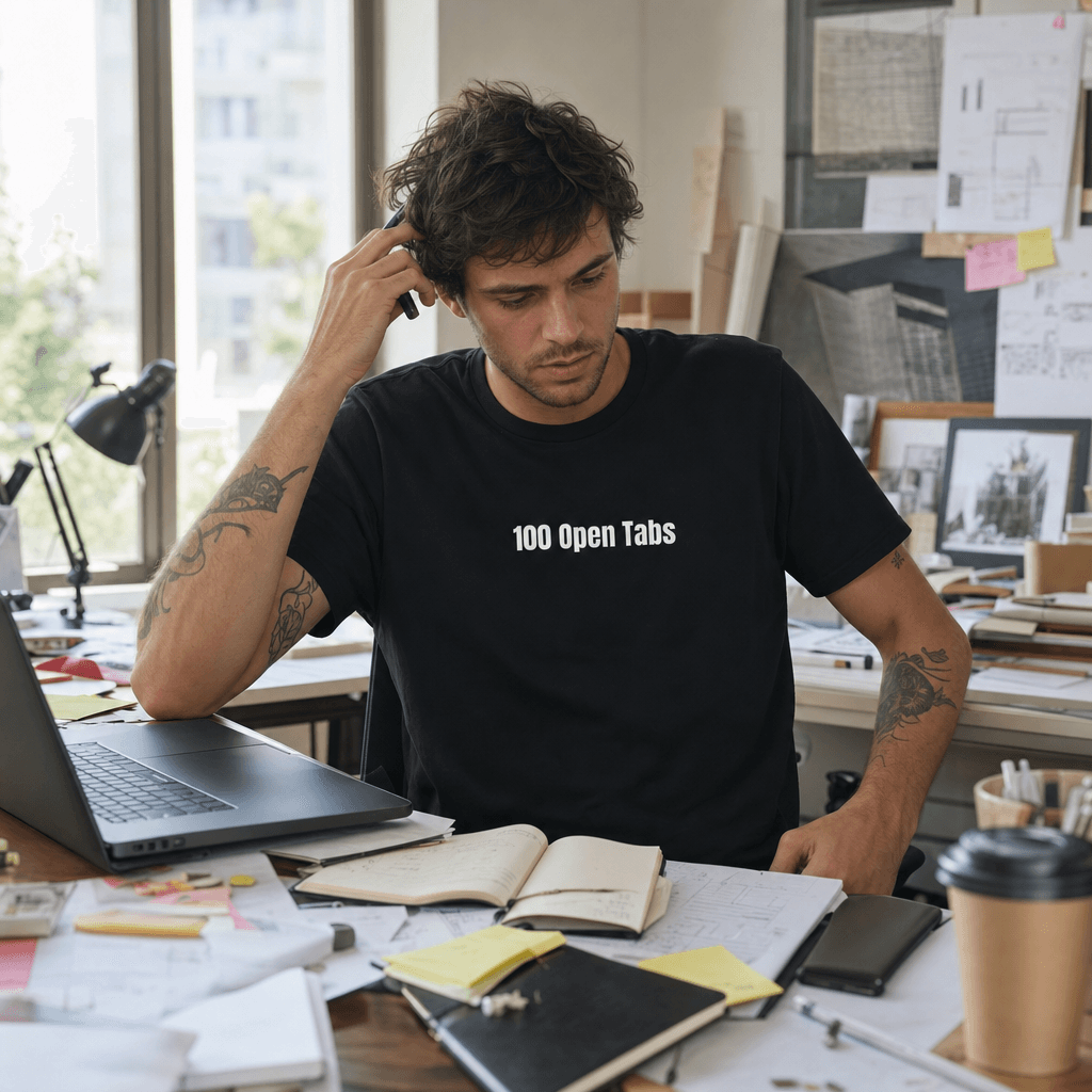 100 Open Tabs graphic tee from the Overthinking Everything collection