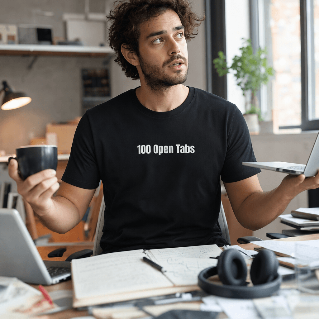 100 Open Tabs graphic tee from the Overthinking Everything collection