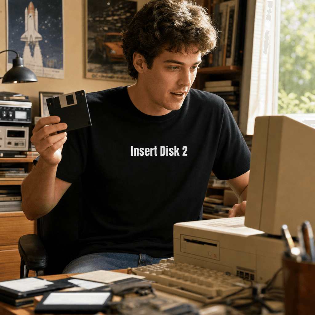 Insert Disk 2 graphic tee from the Retro Computing collection