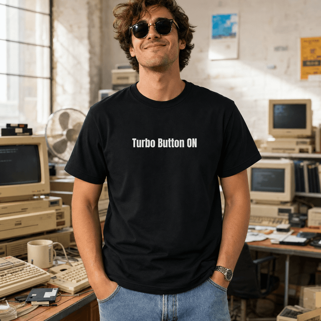Turbo Button ON graphic tee from the Retro Computing collection
