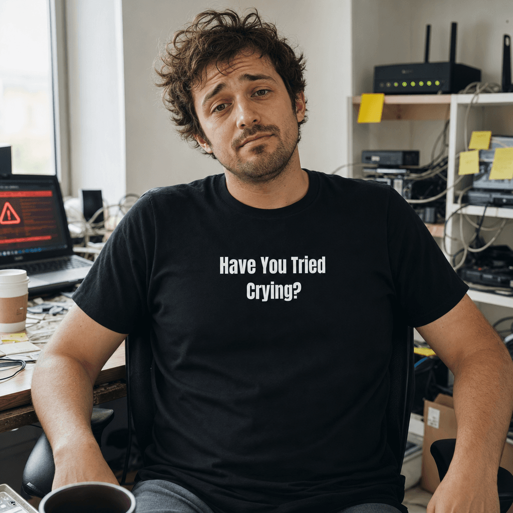 Have You Tried Crying? graphic tee from the Tech Support Survivor collection