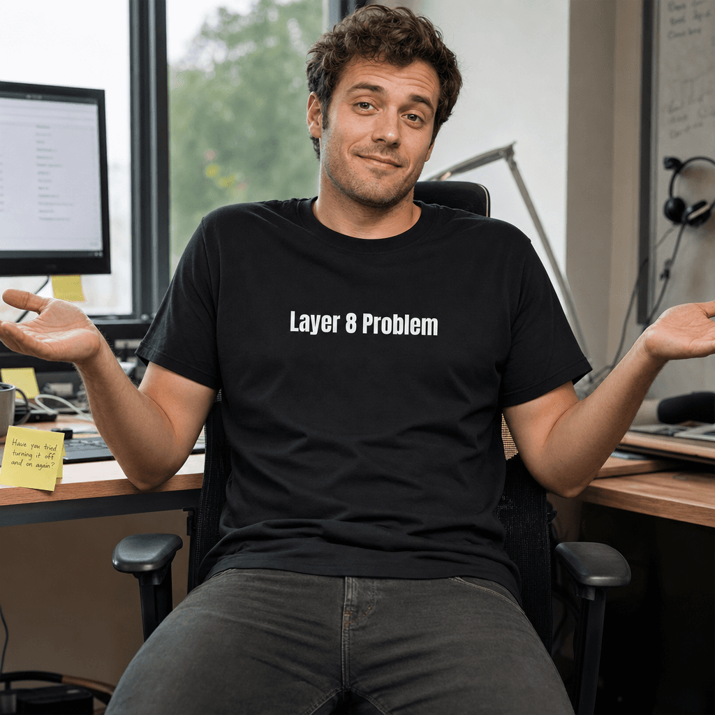 Layer 8 Problem graphic tee from the Tech Support Survivor collection